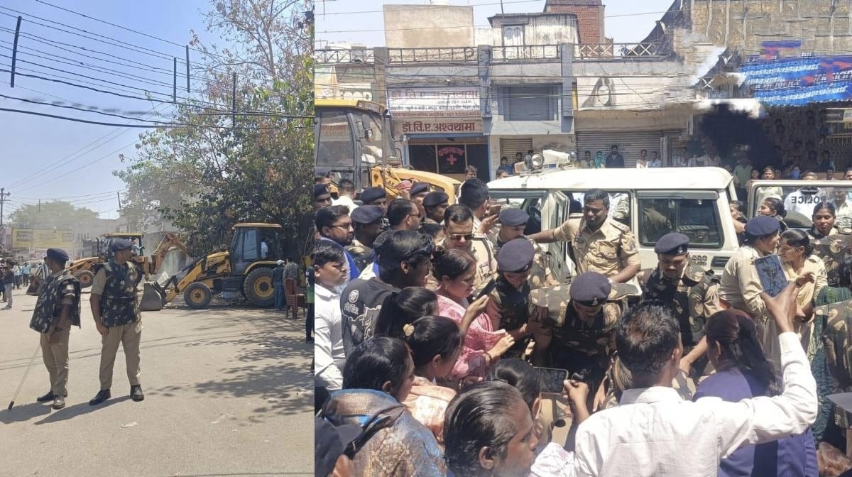 अतिक्रमण हटाने पहुंची टीम के खिलाफ धरने पर बैठे लोग, भारी पुलिस बल तैनात