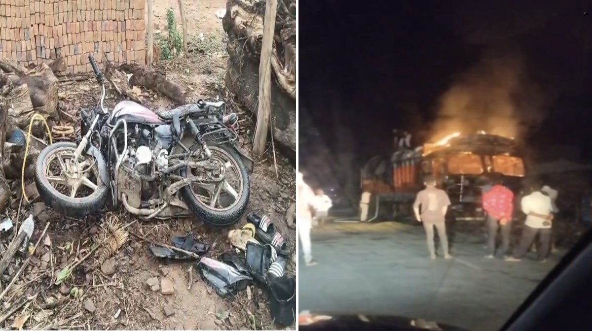 खड़े ट्रक से भिड़ी तेज रफ्तार बाइक, 3 युवकों की दर्दनाक मौत, आक्रोशित ग्रामीणों ने ट्रक को लगाई आग