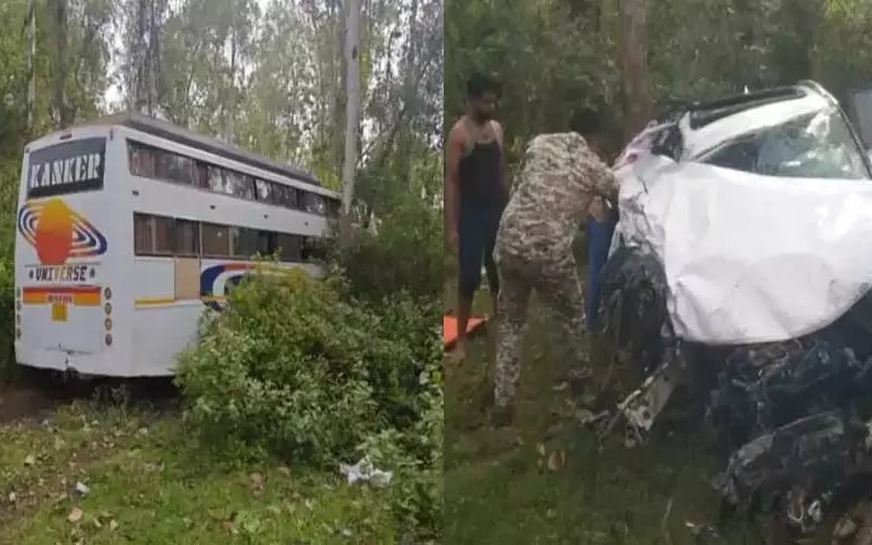 यात्री बस की भीषण टक्कर से कार चालक की मौके पर मौत, दो लोग गंभीर घायल
